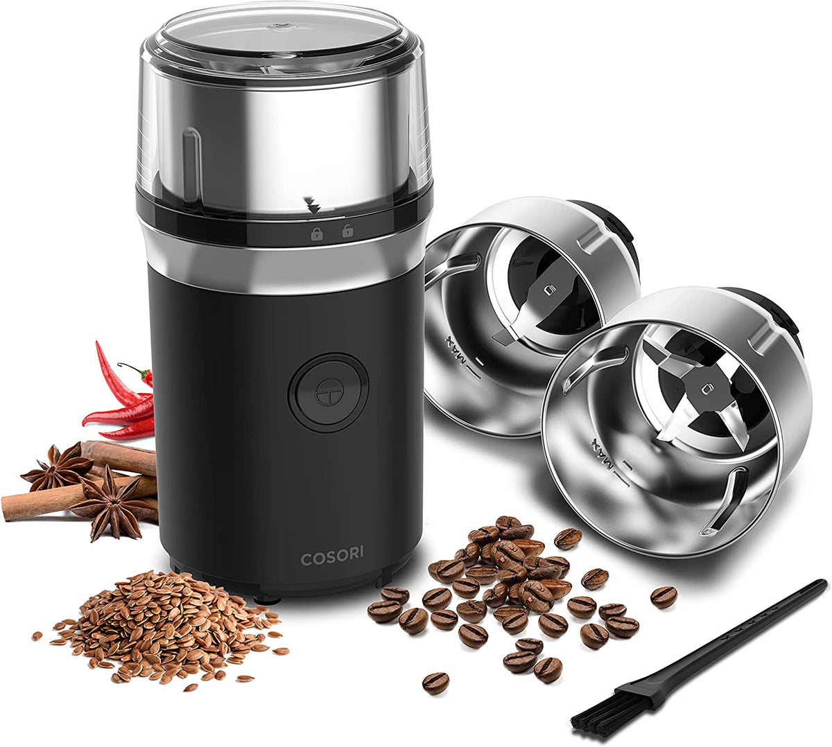 Molinillo eléctrico para especias, semillas, hierbas y granos de café, incluye 2 cuencos extraíbles de acero inoxidable, color negro Cosori