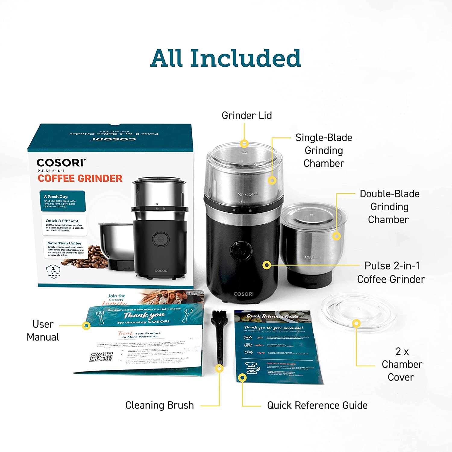 Molinillo eléctrico para especias, semillas, hierbas y granos de café, incluye 2 cuencos extraíbles de acero inoxidable, color negro Cosori
