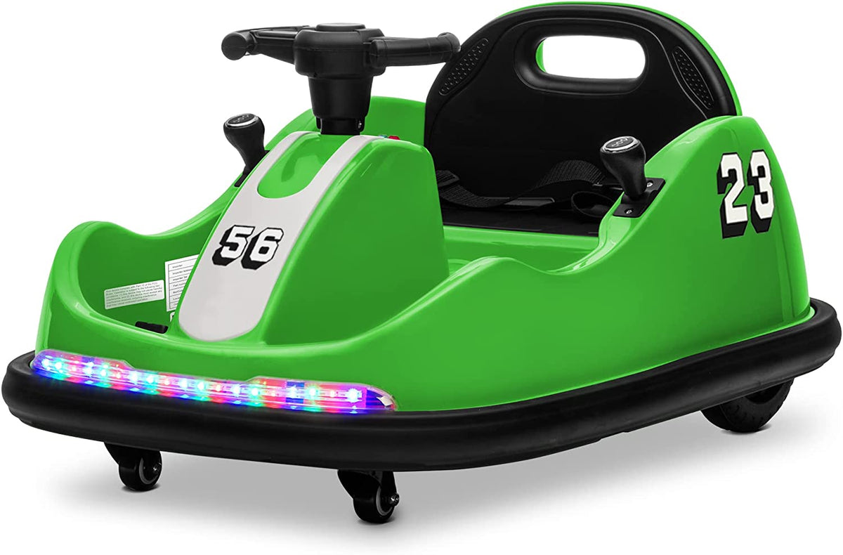 Auto chocador de carreras de 12 V para niños, eléctrico con control remoto, Bluetooth, música, luces LED y giro de 360 - Blanco