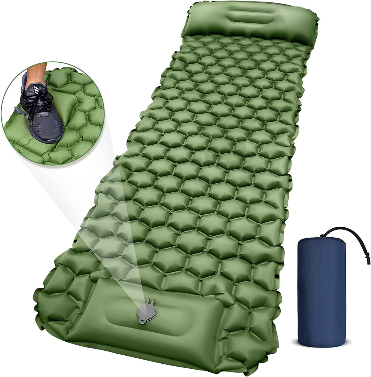 Colchoneta para acampar ultraligera con almohada | Bomba de pie inlcuida