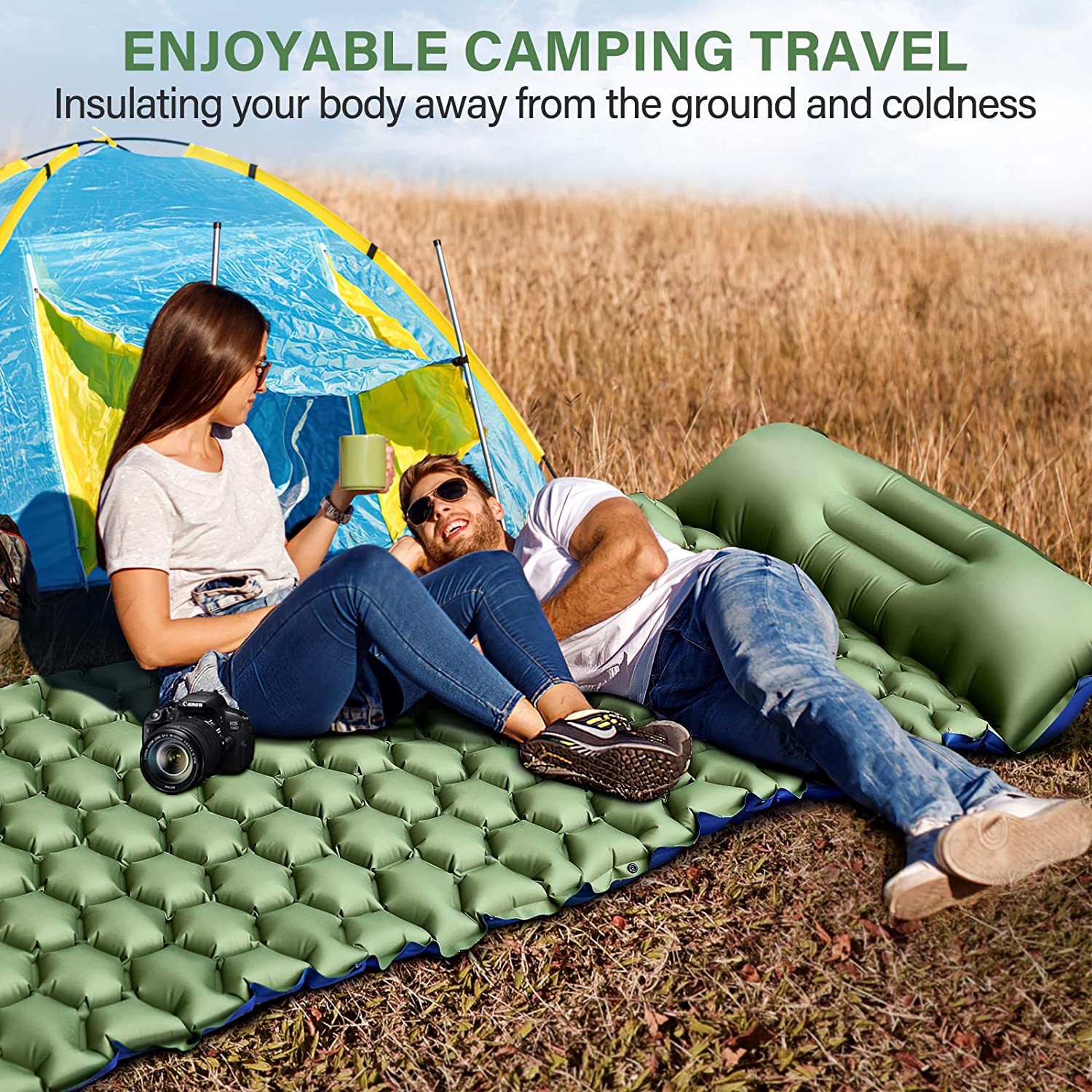 Colchoneta de dormir doble para campamento, colchón de campamento ultra  grueso de 5 pulgadas con almohada incorporada, almohadilla de campamento