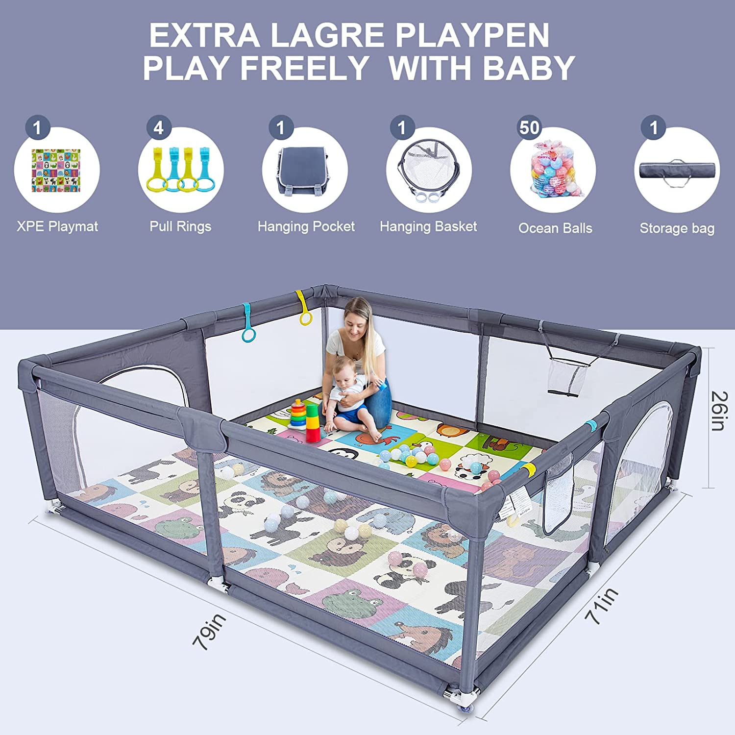Parque de juegos para bebés con alfombrilla, extra grande de 79 x 71 pulgadas para bebés HMHKHN